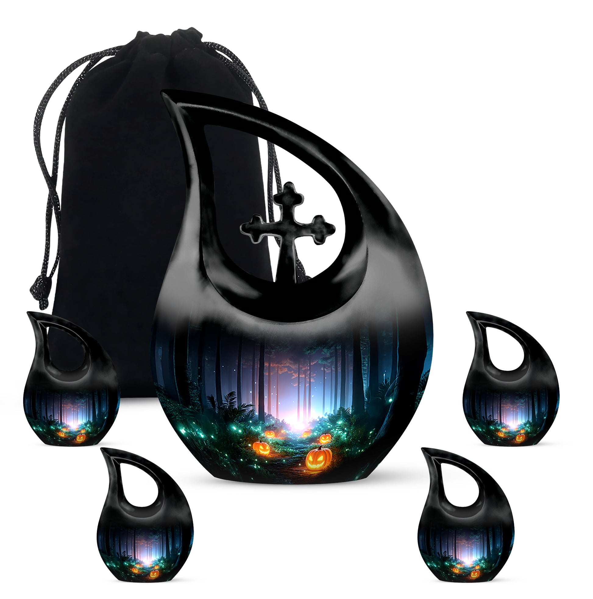 Obsidian Black Halloween Cremation Urn urn with complimentary velvet bag - faith-inspired cross-drop urn with halloween pattern - memorial set with one large and four small urns