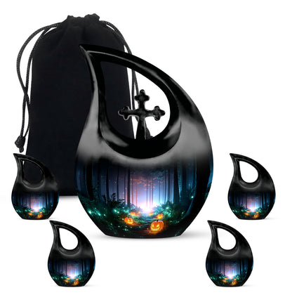 Obsidian Black Halloween Cremation Urn urn with complimentary velvet bag - faith-inspired cross-drop urn with halloween pattern - memorial set with one large and four small urns