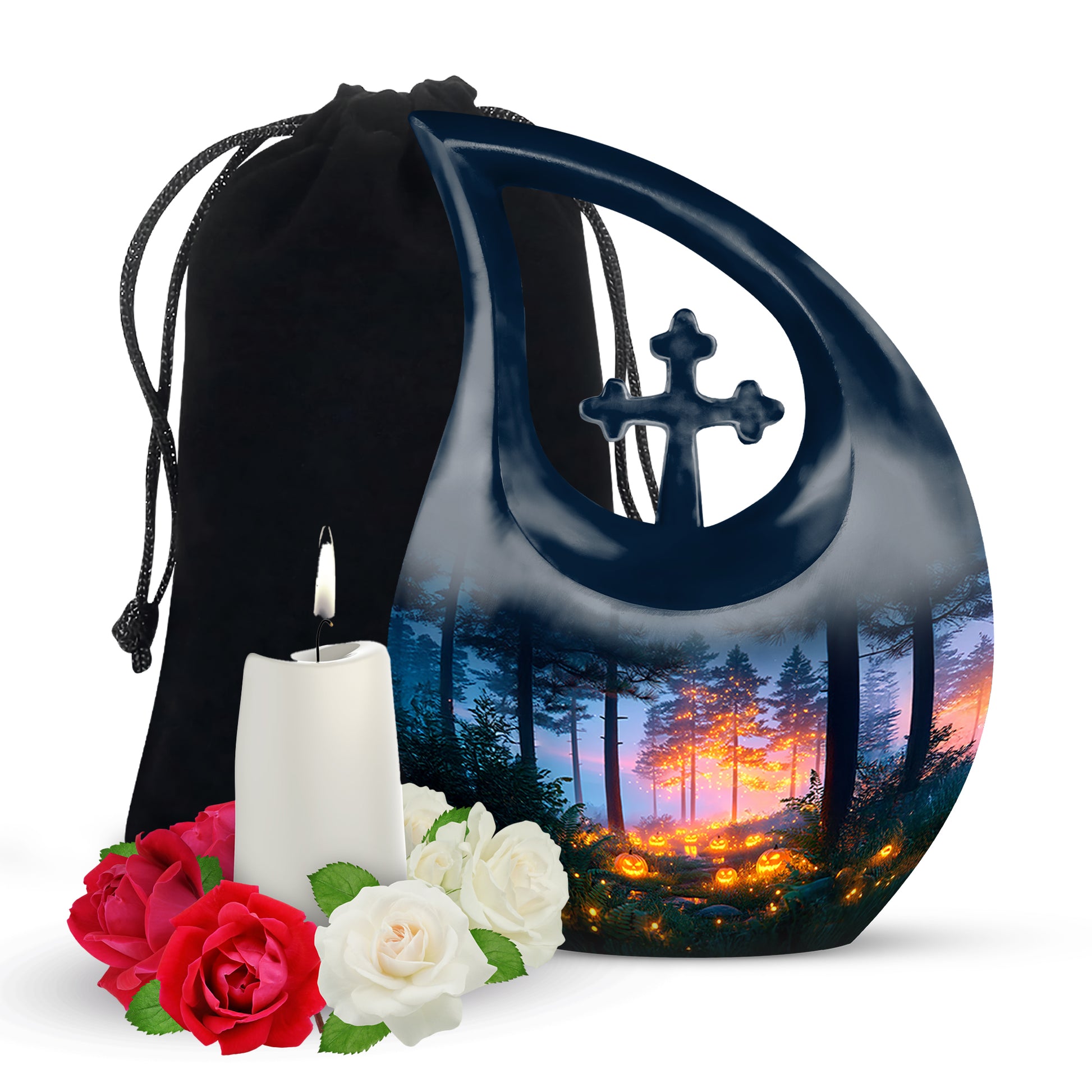Serene Blue Halloween Cremation Urn top-down view of secure threaded lid - faith-inspired cross-drop urn with halloween pattern - full-size 10 inch 200 cubic inch adult cremation urn