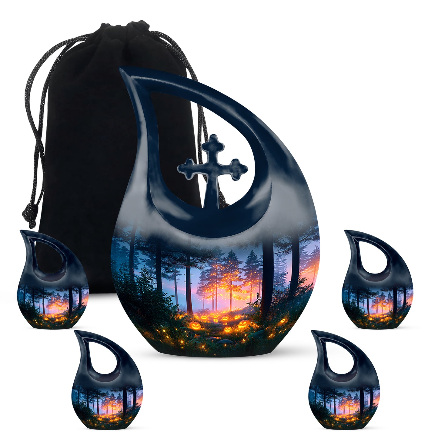 Pastel Blue Halloween Cremation Urn urn with complimentary velvet bag - sacred cross merged with halloween motif on metal - memorial set with one large and four small urns