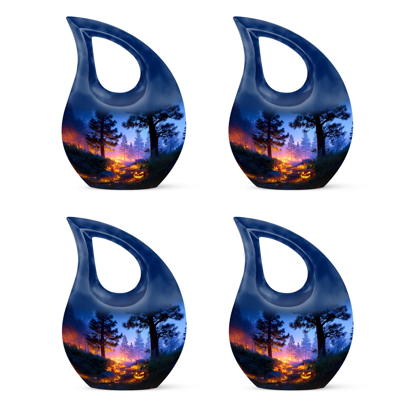 Cobalt Blue Halloween Cremation Urn lifestyle display on memorial shelf - faith-inspired cross-drop urn with halloween pattern - 10 inch aluminum urn for cremated remains
