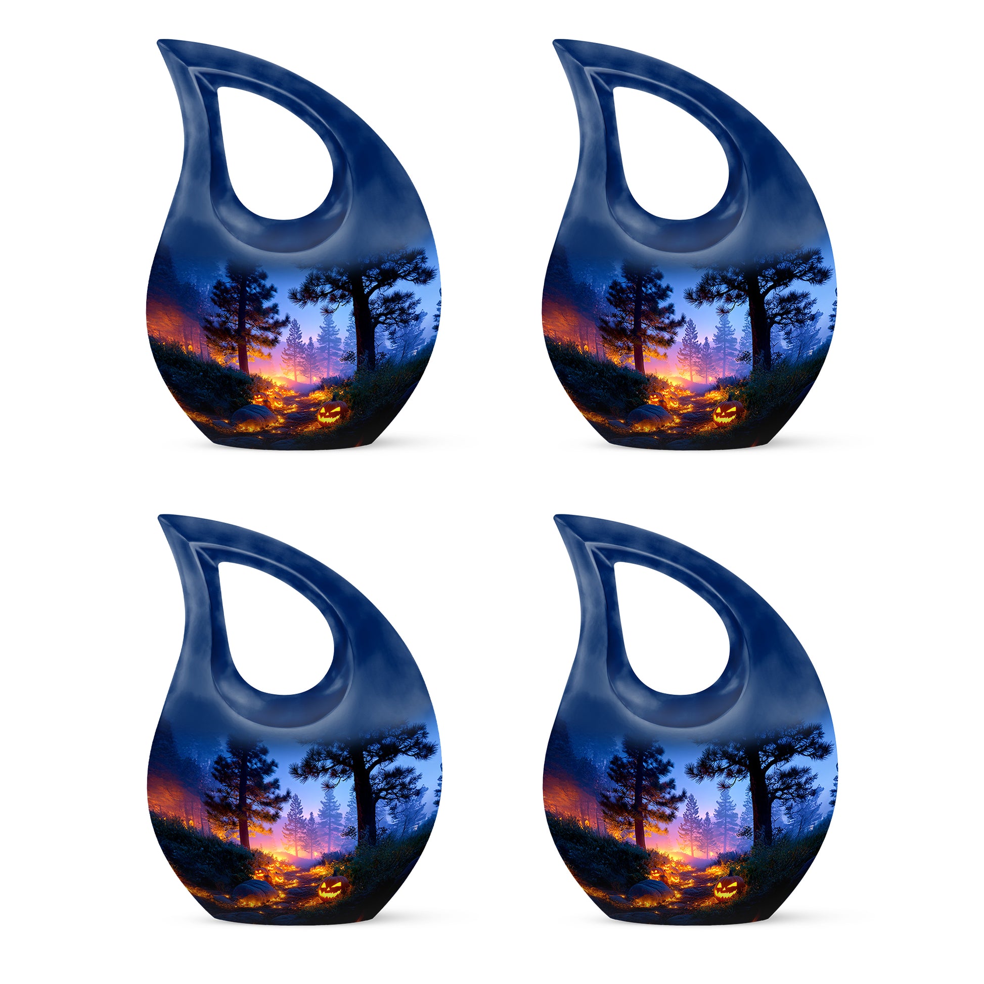 Cobalt Blue Halloween Cremation Urn lifestyle display on memorial shelf - faith-inspired cross-drop urn with halloween pattern - 10 inch aluminum urn for cremated remains
