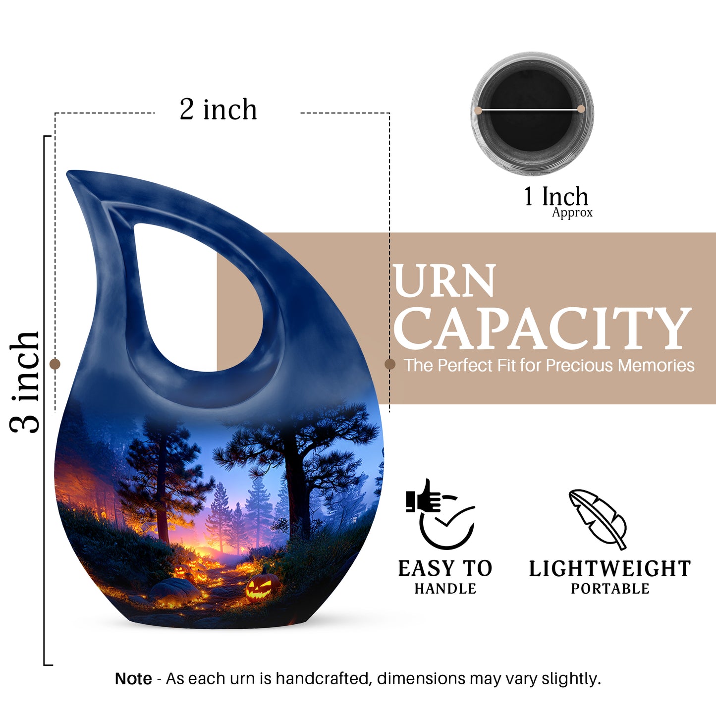Steel Blue Halloween Cremation Urn back view with polished surface - faith-inspired cross-drop urn with halloween pattern - mini keepsake memorial for portion of cremation ashes