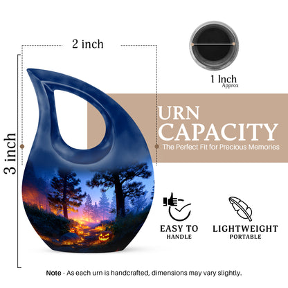 Steel Blue Halloween Cremation Urn back view with polished surface - faith-inspired cross-drop urn with halloween pattern - mini keepsake memorial for portion of cremation ashes