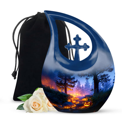Serene Blue Halloween Cremation Urn top-down view of secure threaded lid - devotional cross-drop halloween engraving - full-size 10 inch 200 cubic inch adult cremation urn