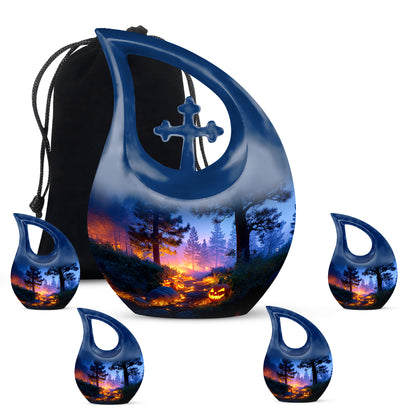 Twilight Blue Halloween Cremation Urn urn with complimentary velvet bag - devotional cross-drop halloween engraving - memorial set with one large and four small urns