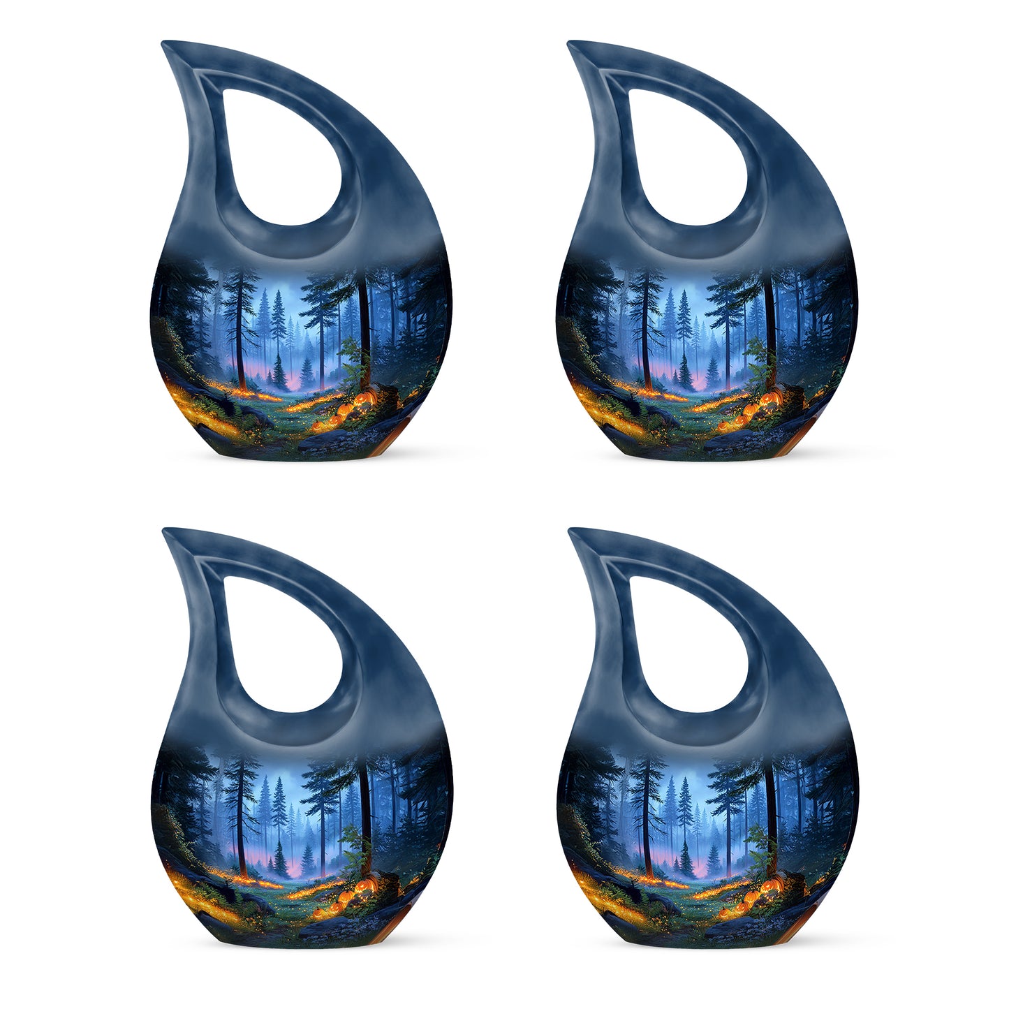 Cobalt Blue Halloween Cremation Urn lifestyle display on memorial shelf - faith-inspired cross-drop urn with halloween pattern - 10 inch aluminum urn for cremated remains