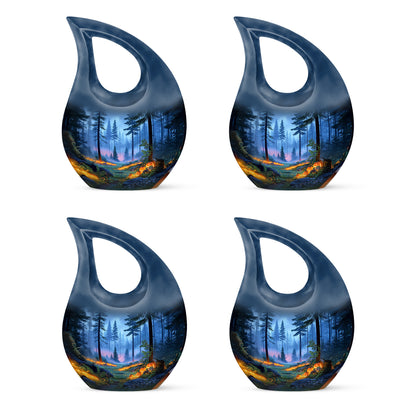 Cobalt Blue Halloween Cremation Urn lifestyle display on memorial shelf - faith-inspired cross-drop urn with halloween pattern - 10 inch aluminum urn for cremated remains