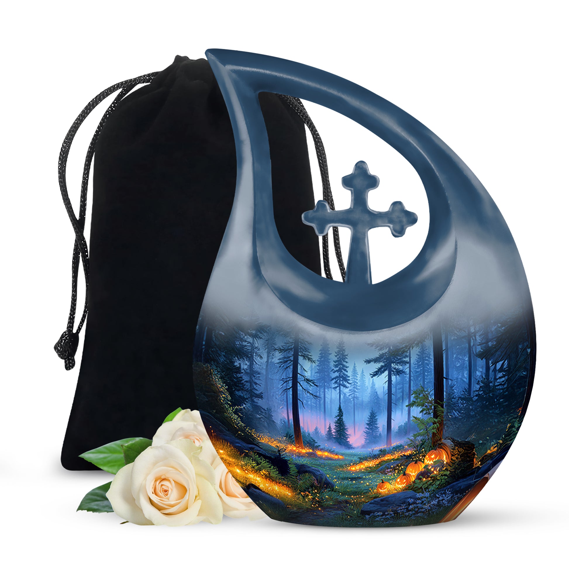 Twilight Blue Halloween Cremation Urn top-down view of secure threaded lid - faith-inspired cross-drop urn with halloween pattern - full-size 10 inch 200 cubic inch adult cremation urn
