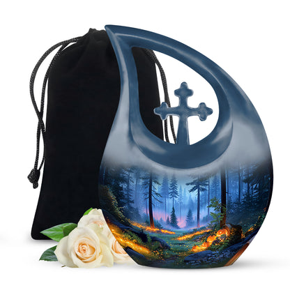 Twilight Blue Halloween Cremation Urn top-down view of secure threaded lid - faith-inspired cross-drop urn with halloween pattern - full-size 10 inch 200 cubic inch adult cremation urn