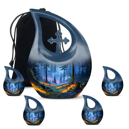 Twilight Blue Halloween Cremation Urn urn with complimentary velvet bag - devotional cross-drop halloween engraving - memorial set with one large and four small urns