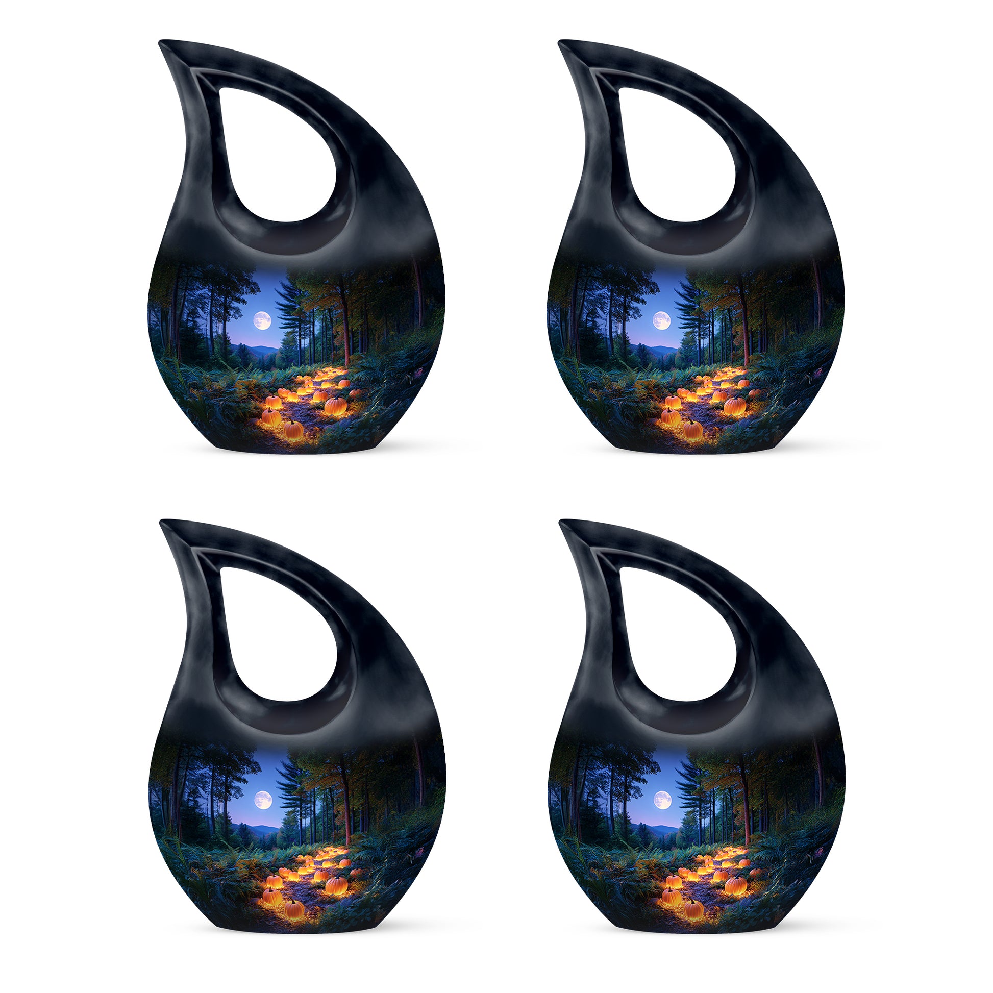 Azure Halloween Cremation Urn lifestyle display on memorial shelf - cross and halloween combined in spiritual memorial design - 10 inch aluminum urn for cremated remains