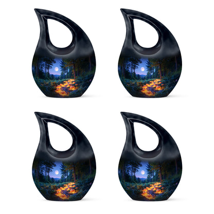 Azure Halloween Cremation Urn lifestyle display on memorial shelf - cross and halloween combined in spiritual memorial design - 10 inch aluminum urn for cremated remains