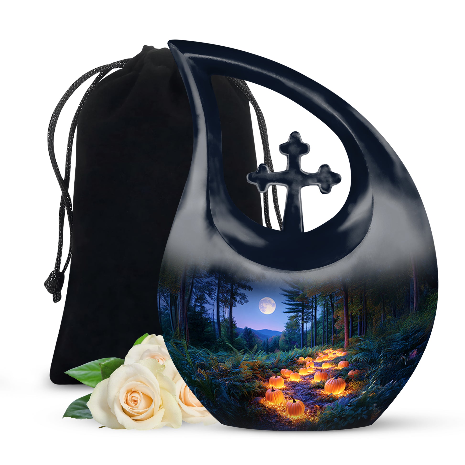 Cornflower Blue Halloween Cremation Urn top-down view of secure threaded lid - faith-inspired cross-drop urn with halloween pattern - full-size 10 inch 200 cubic inch adult cremation urn