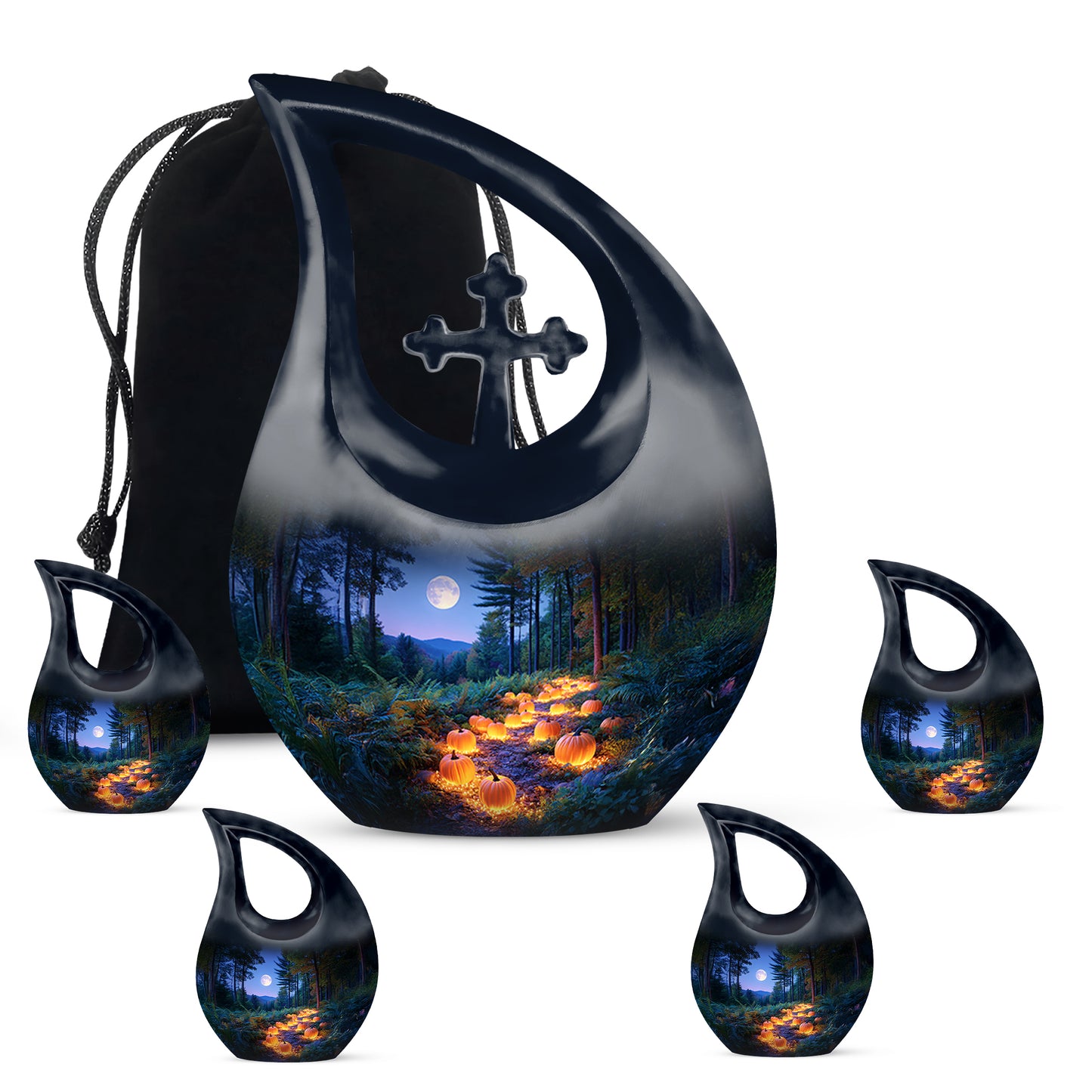 Azure Halloween Cremation Urn urn with complimentary velvet bag - cross and halloween combined in spiritual memorial design - memorial set with one large and four small urns