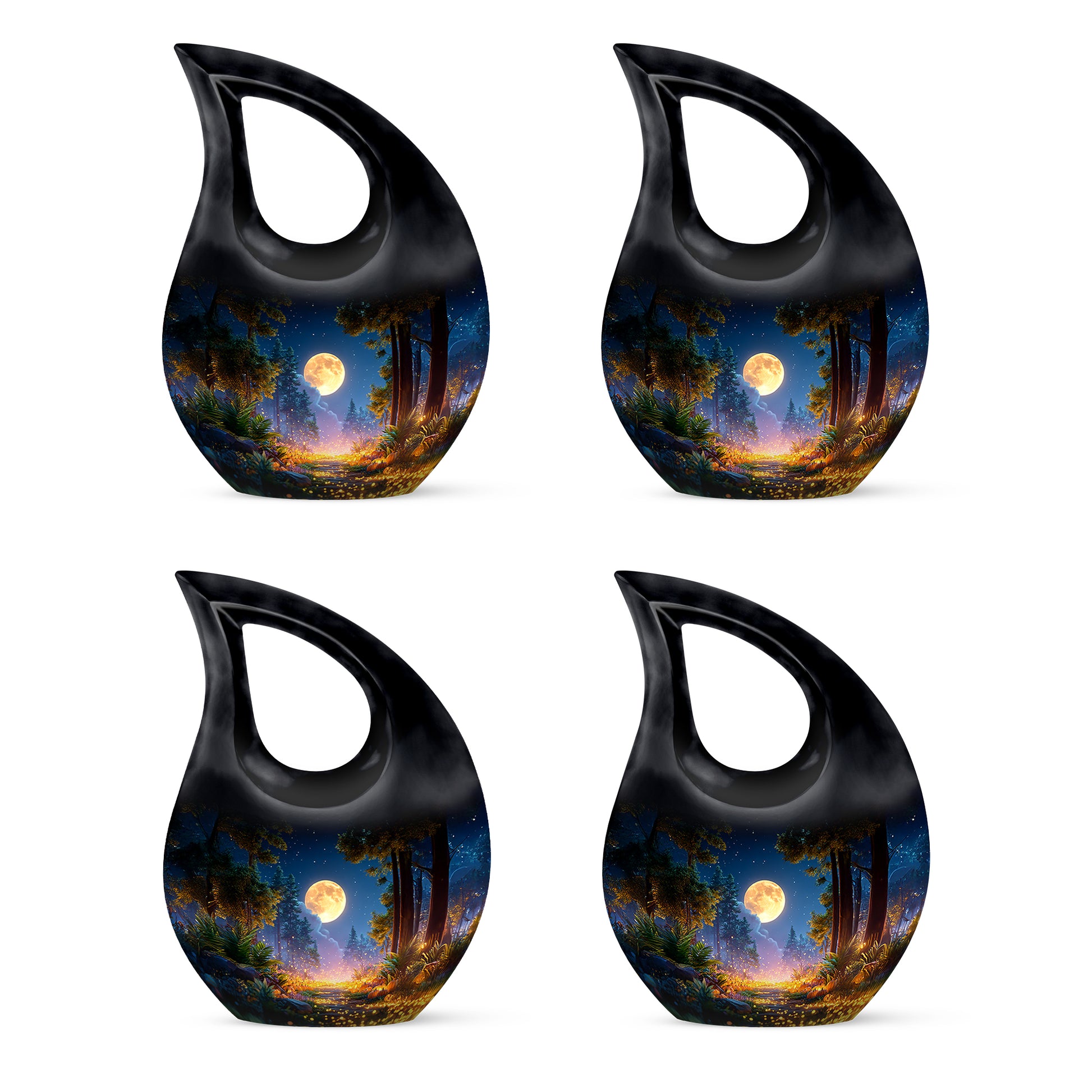 Deep Black Halloween Cremation Urn lifestyle display on memorial shelf - sacred cross merged with halloween motif on metal - 10 inch aluminum urn for cremated remains