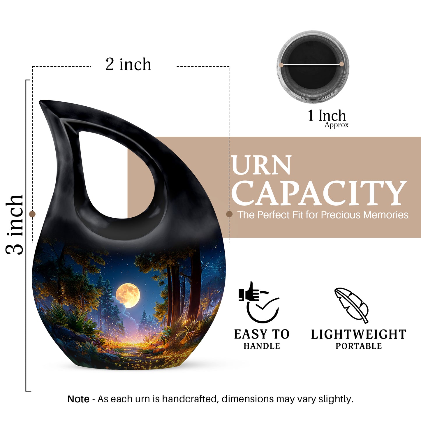 Rich Black Halloween Cremation Urn back view with polished surface - cross and halloween combined in spiritual memorial design - mini keepsake memorial for portion of cremation ashes