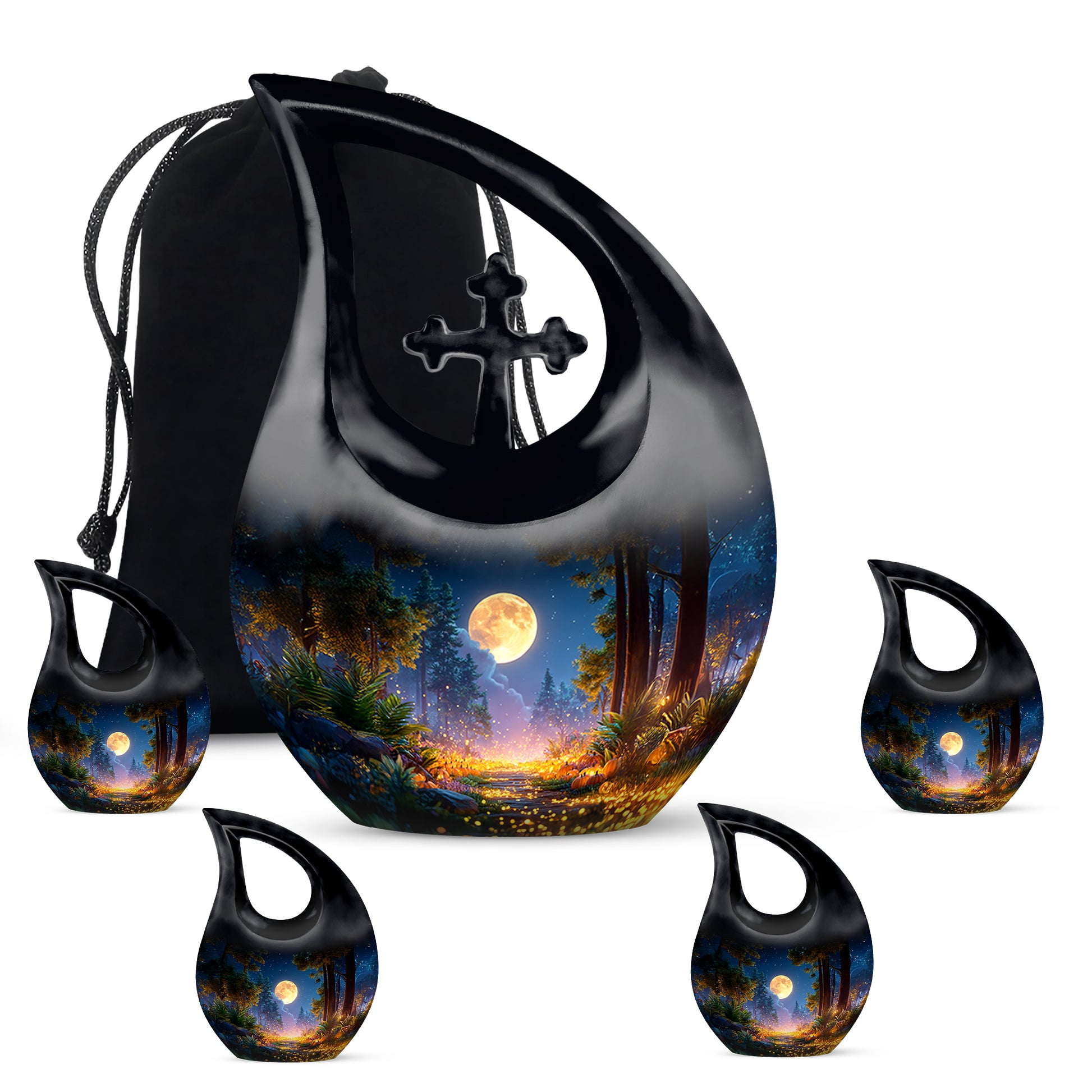 Glossy Black Halloween Cremation Urn urn with complimentary velvet bag - sacred cross merged with halloween motif on metal - memorial set with one large and four small urns