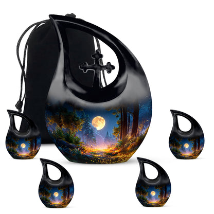Glossy Black Halloween Cremation Urn urn with complimentary velvet bag - sacred cross merged with halloween motif on metal - memorial set with one large and four small urns