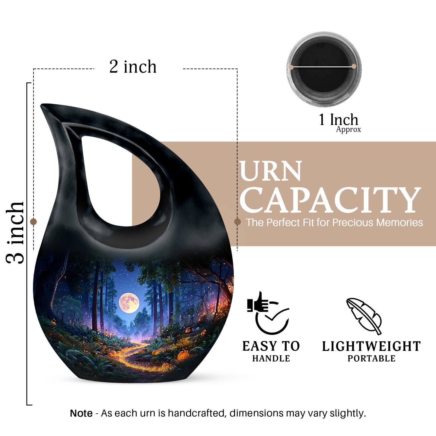 Sapphire Blue Halloween Cremation Urn back view with polished surface - faith-inspired cross-drop urn with halloween pattern - mini keepsake memorial for portion of cremation ashes