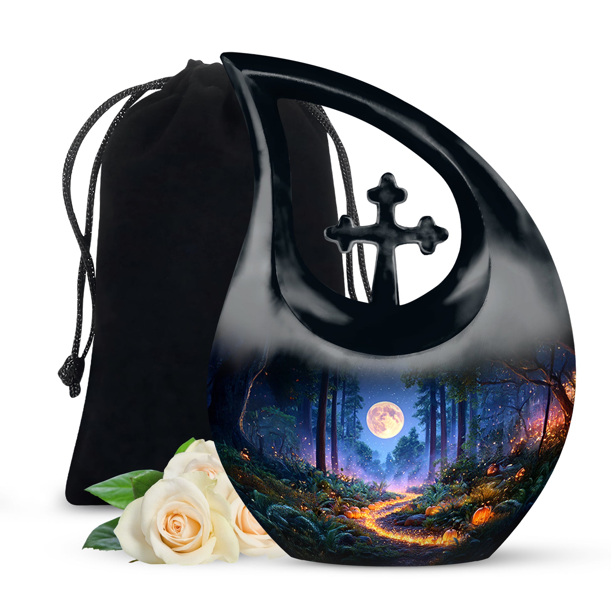Twilight Blue Halloween Cremation Urn top-down view of secure threaded lid - faith-inspired cross-drop urn with halloween pattern - full-size 10 inch 200 cubic inch adult cremation urn