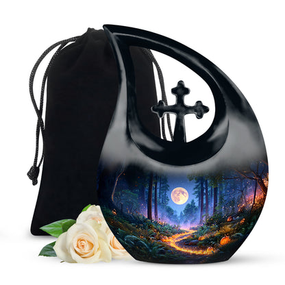 Twilight Blue Halloween Cremation Urn top-down view of secure threaded lid - faith-inspired cross-drop urn with halloween pattern - full-size 10 inch 200 cubic inch adult cremation urn