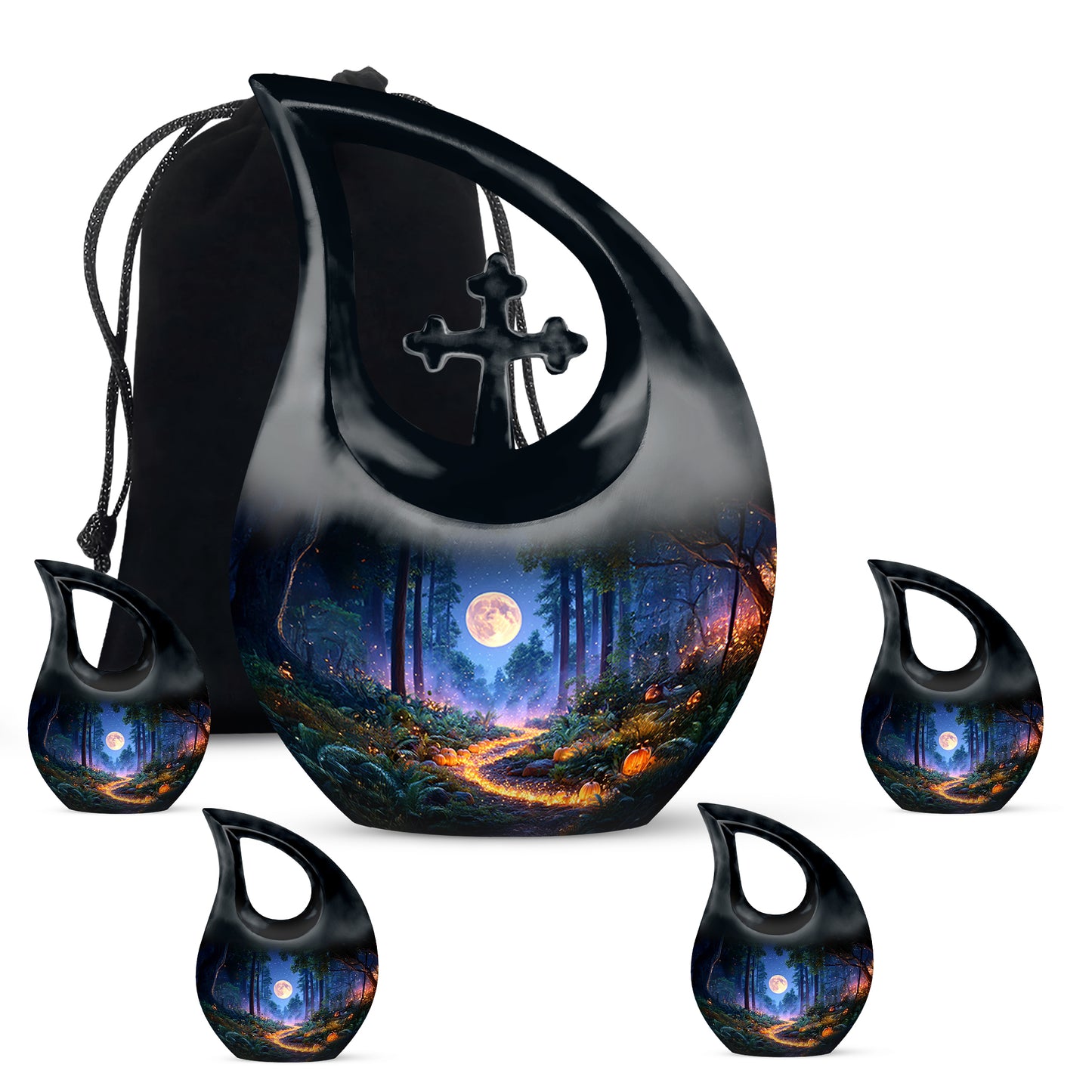 Serene Blue Halloween Cremation Urn urn with complimentary velvet bag - devotional cross-drop halloween engraving - memorial set with one large and four small urns