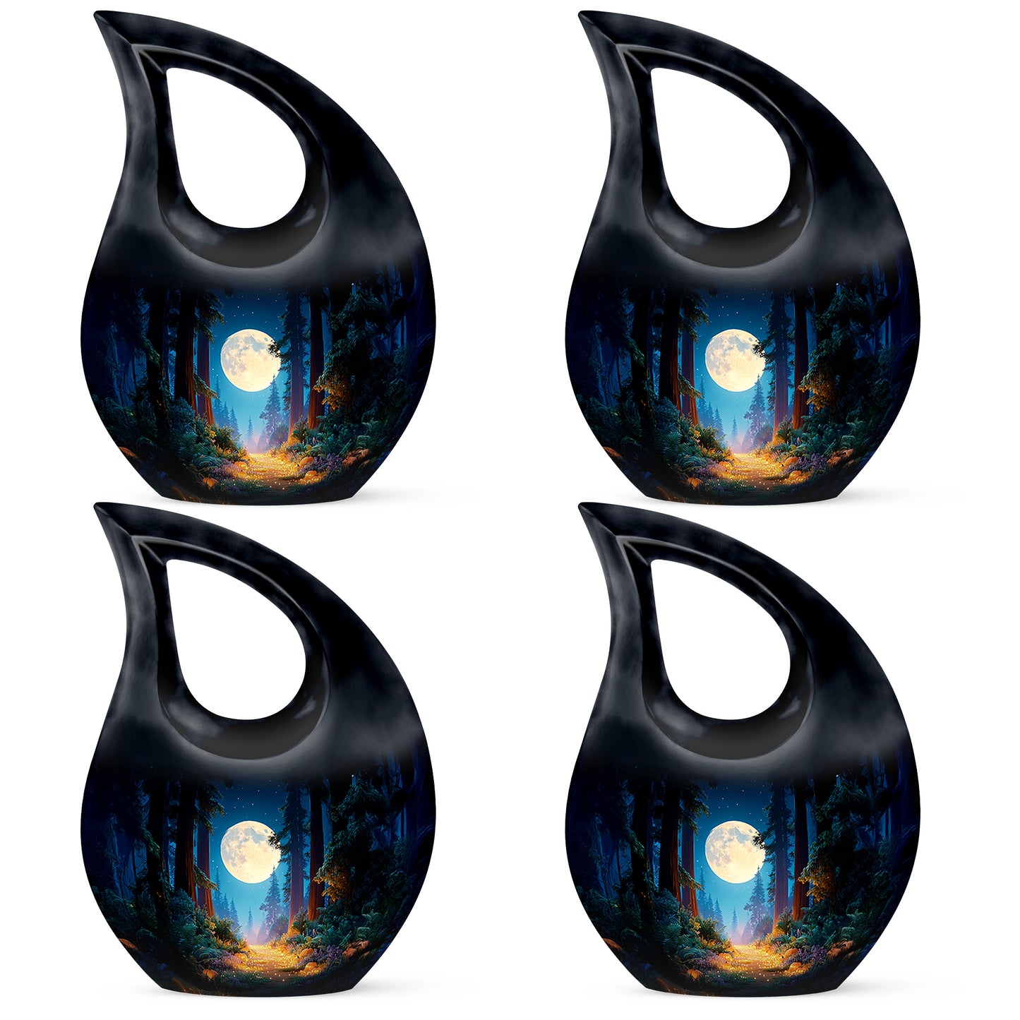 Vivid Blue Halloween Cremation Urn lifestyle display on memorial shelf - faith-inspired cross-drop urn with halloween pattern - 10 inch aluminum urn for cremated remains