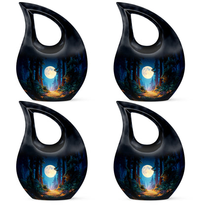 Vivid Blue Halloween Cremation Urn lifestyle display on memorial shelf - faith-inspired cross-drop urn with halloween pattern - 10 inch aluminum urn for cremated remains