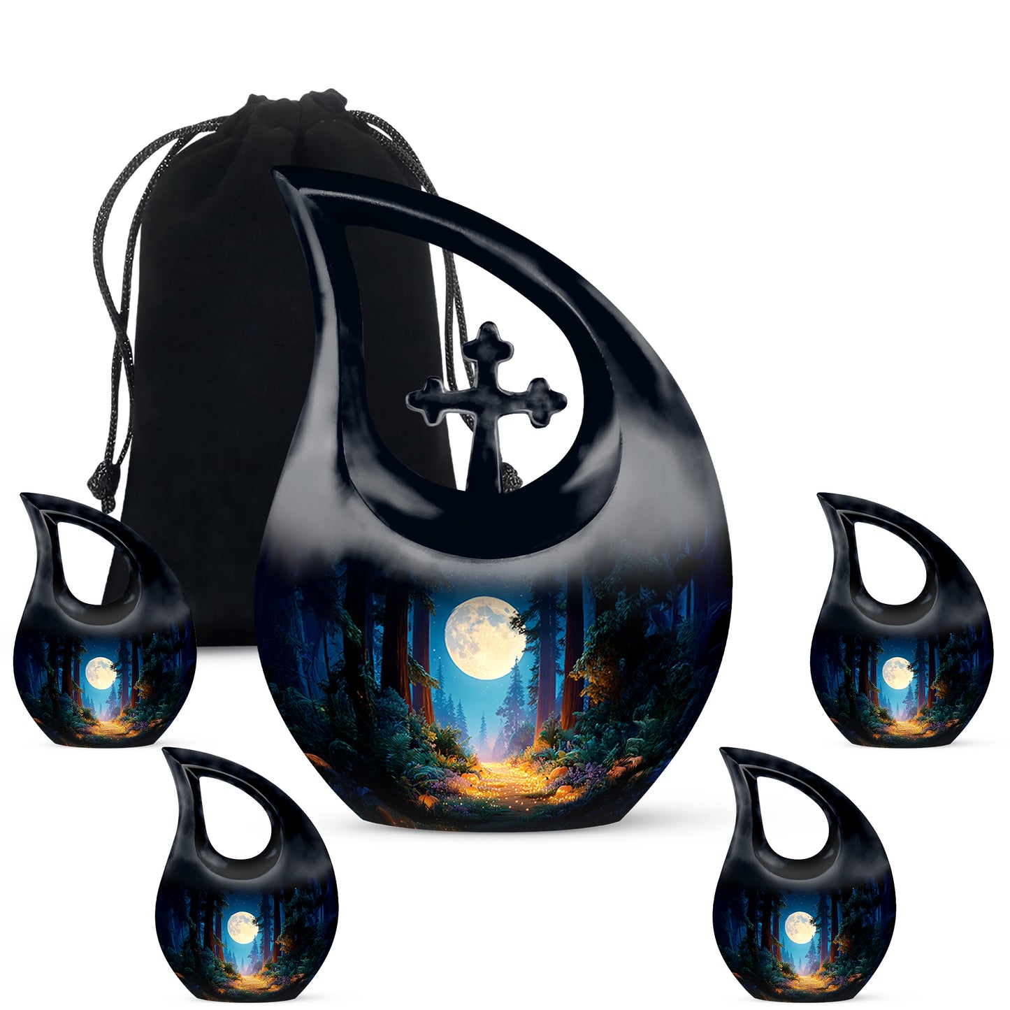 Twilight Blue Halloween Cremation Urn urn with complimentary velvet bag - devotional cross-drop halloween engraving - memorial set with one large and four small urns