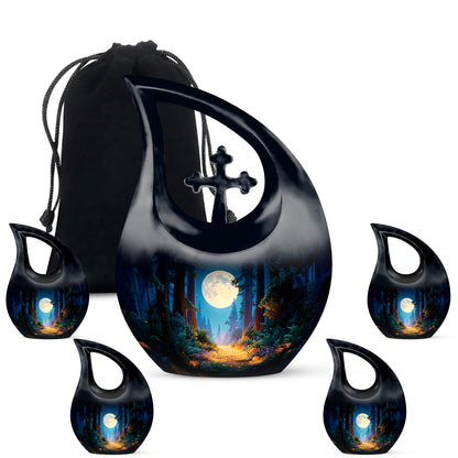 Twilight Blue Halloween Cremation Urn urn with complimentary velvet bag - devotional cross-drop halloween engraving - memorial set with one large and four small urns