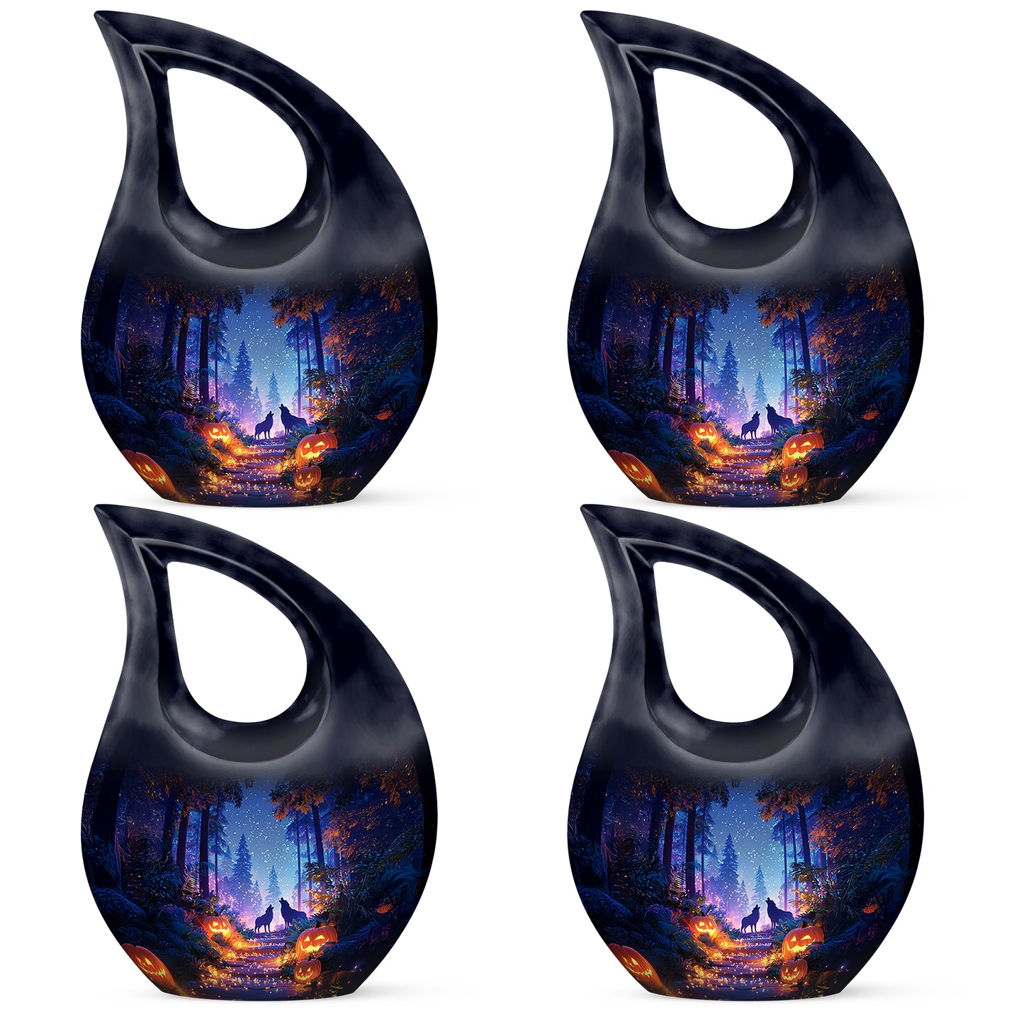 Cobalt Blue Halloween Cremation Urn lifestyle display on memorial shelf - faith-inspired cross-drop urn with halloween pattern - 10 inch aluminum urn for cremated remains