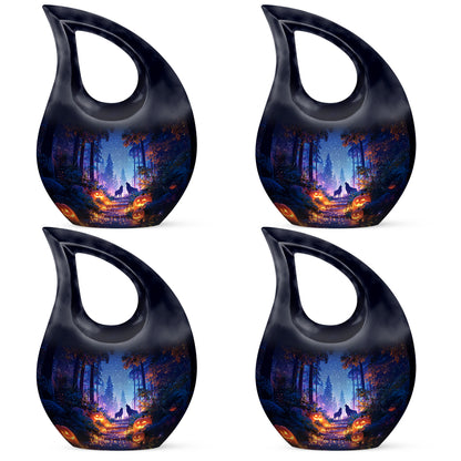 Cobalt Blue Halloween Cremation Urn lifestyle display on memorial shelf - faith-inspired cross-drop urn with halloween pattern - 10 inch aluminum urn for cremated remains
