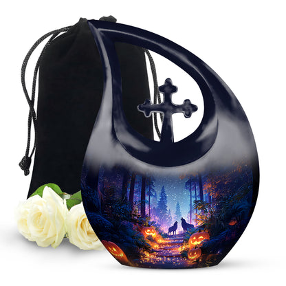 Pastel Blue Halloween Cremation Urn top-down view of secure threaded lid - sacred cross merged with halloween motif on metal - full-size 10 inch 200 cubic inch adult cremation urn