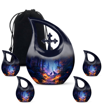 Pastel Blue Halloween Cremation Urn urn with complimentary velvet bag - cross and halloween combined in spiritual memorial design - memorial set with one large and four small urns