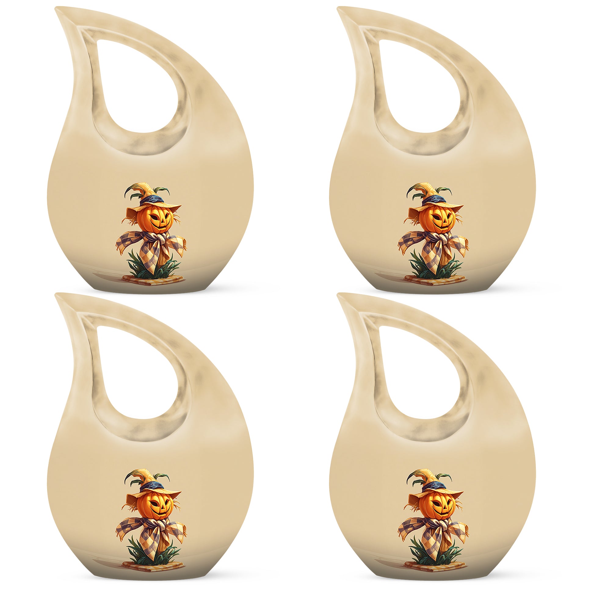 Antique Gold Halloween Cremation Urn lifestyle display on memorial shelf - sacred cross merged with halloween motif on metal - 10 inch aluminum urn for cremated remains