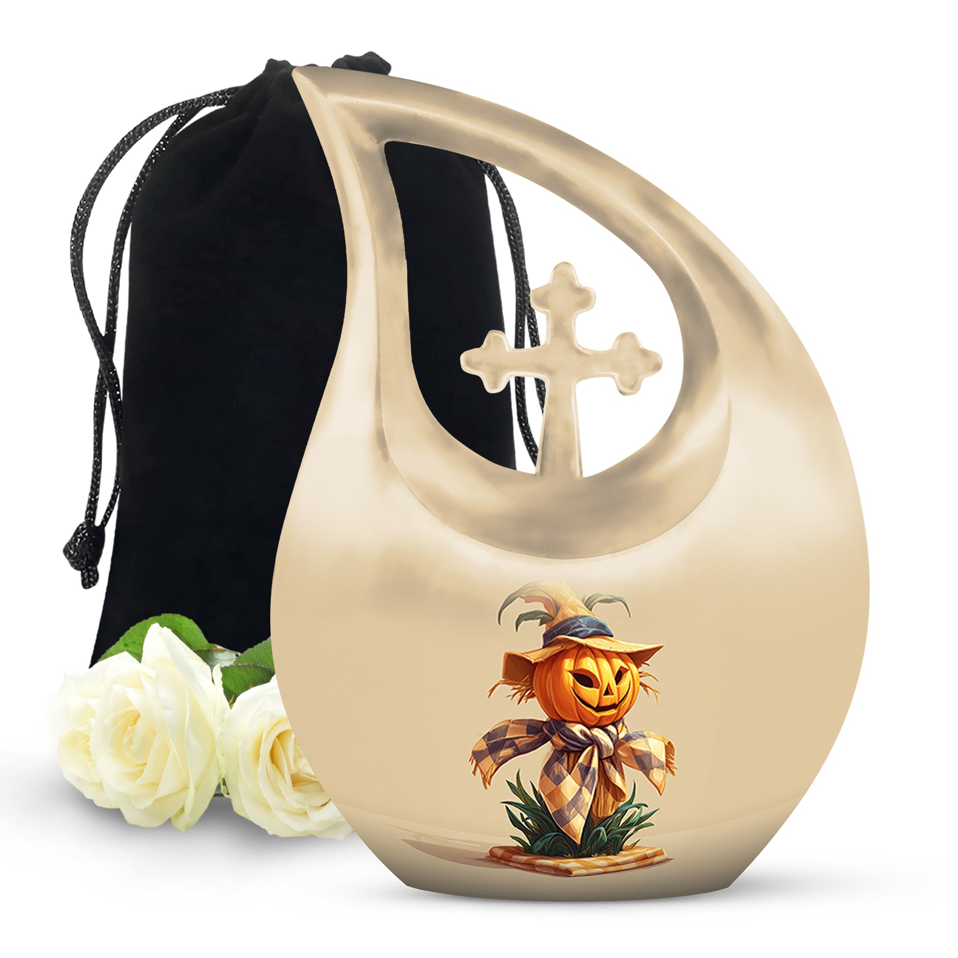Sunrise Gold Halloween Cremation Urn top-down view of secure threaded lid - sacred cross merged with halloween motif on metal - full-size 10 inch 200 cubic inch adult cremation urn