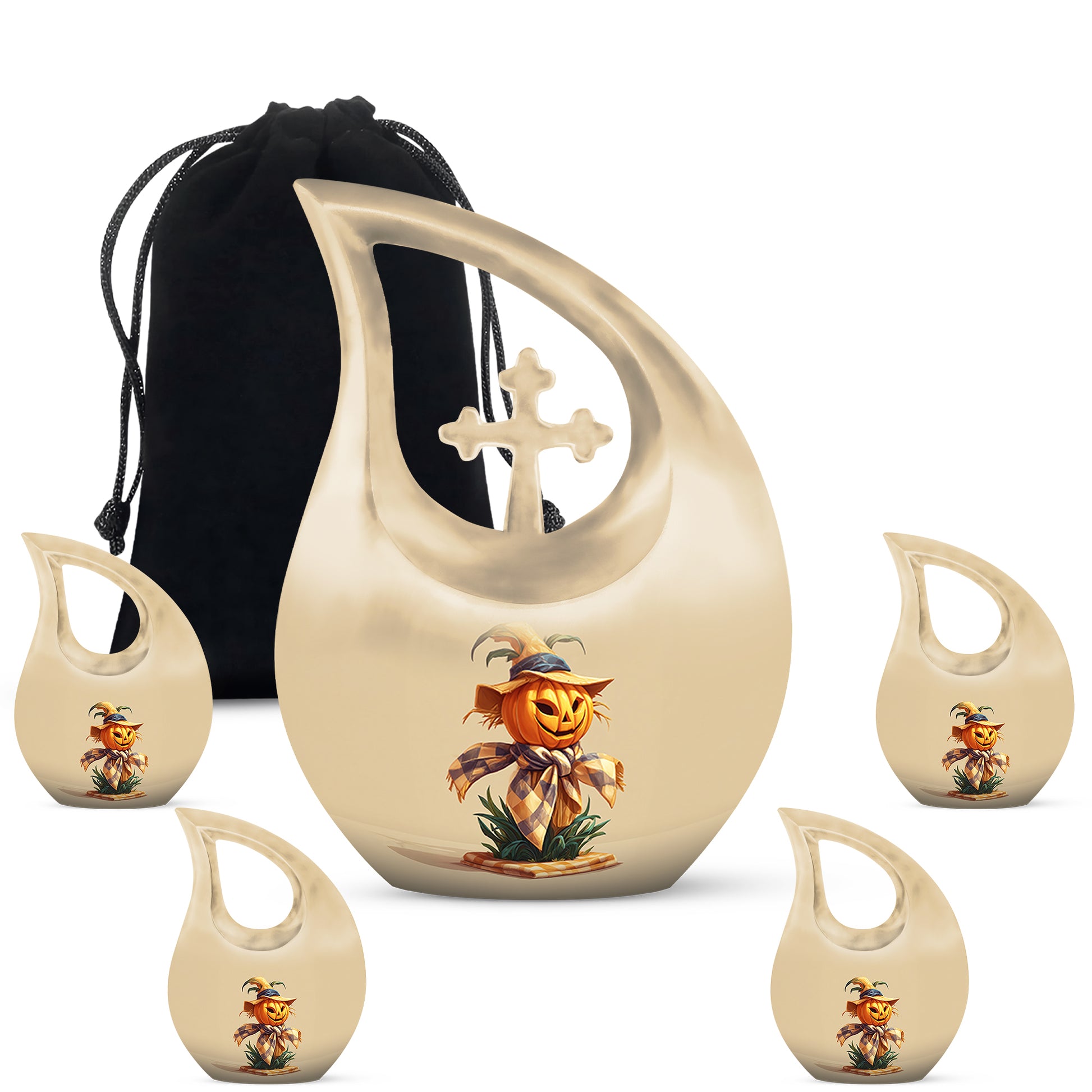 Matte Gold Halloween Cremation Urn urn with complimentary velvet bag - faith-inspired cross-drop urn with halloween pattern - memorial set with one large and four small urns