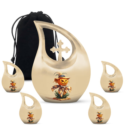 Matte Gold Halloween Cremation Urn urn with complimentary velvet bag - faith-inspired cross-drop urn with halloween pattern - memorial set with one large and four small urns