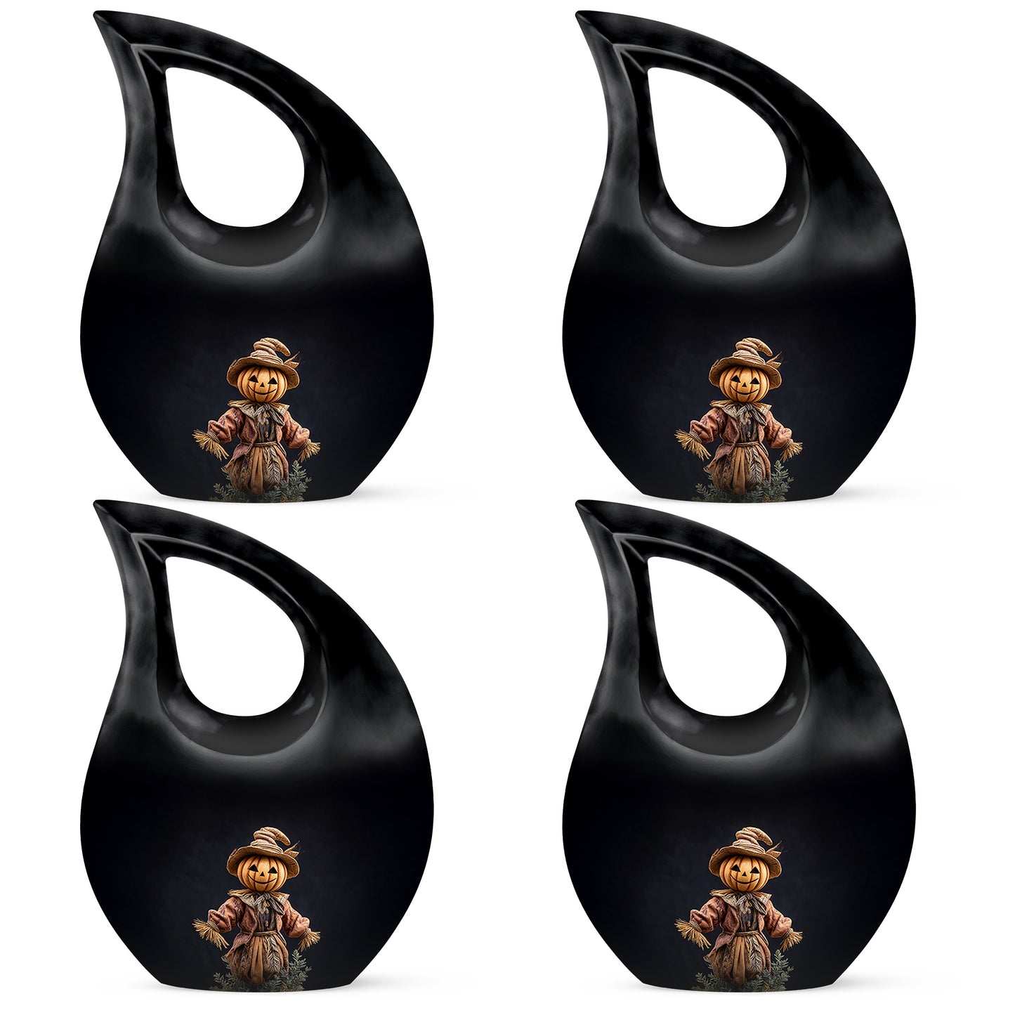 Charcoal Black Halloween Cremation Urn lifestyle display on memorial shelf - faith-inspired cross-drop urn with halloween pattern - 10 inch aluminum urn for cremated remains