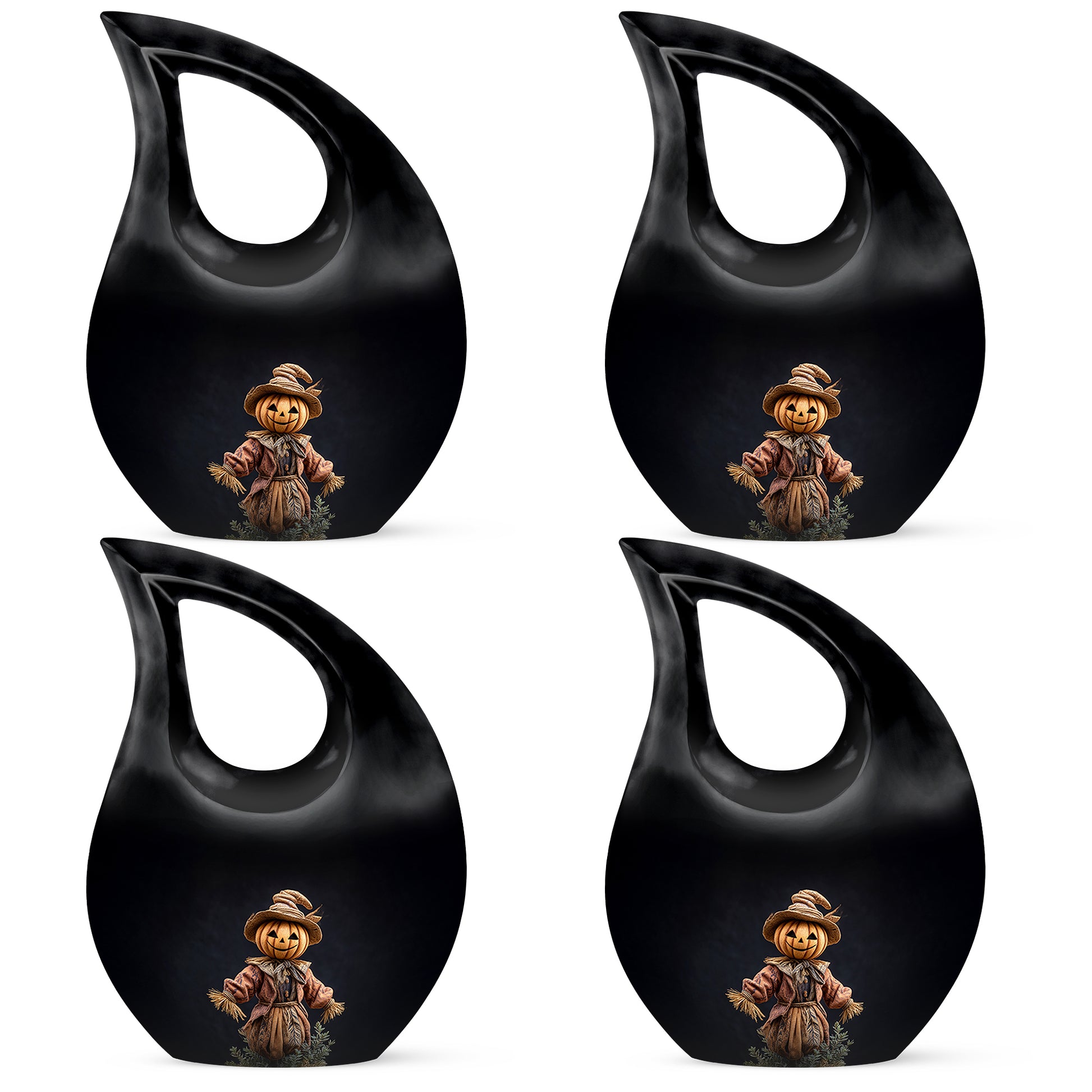 Charcoal Black Halloween Cremation Urn lifestyle display on memorial shelf - faith-inspired cross-drop urn with halloween pattern - 10 inch aluminum urn for cremated remains