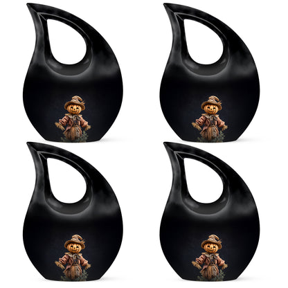 Charcoal Black Halloween Cremation Urn lifestyle display on memorial shelf - faith-inspired cross-drop urn with halloween pattern - 10 inch aluminum urn for cremated remains