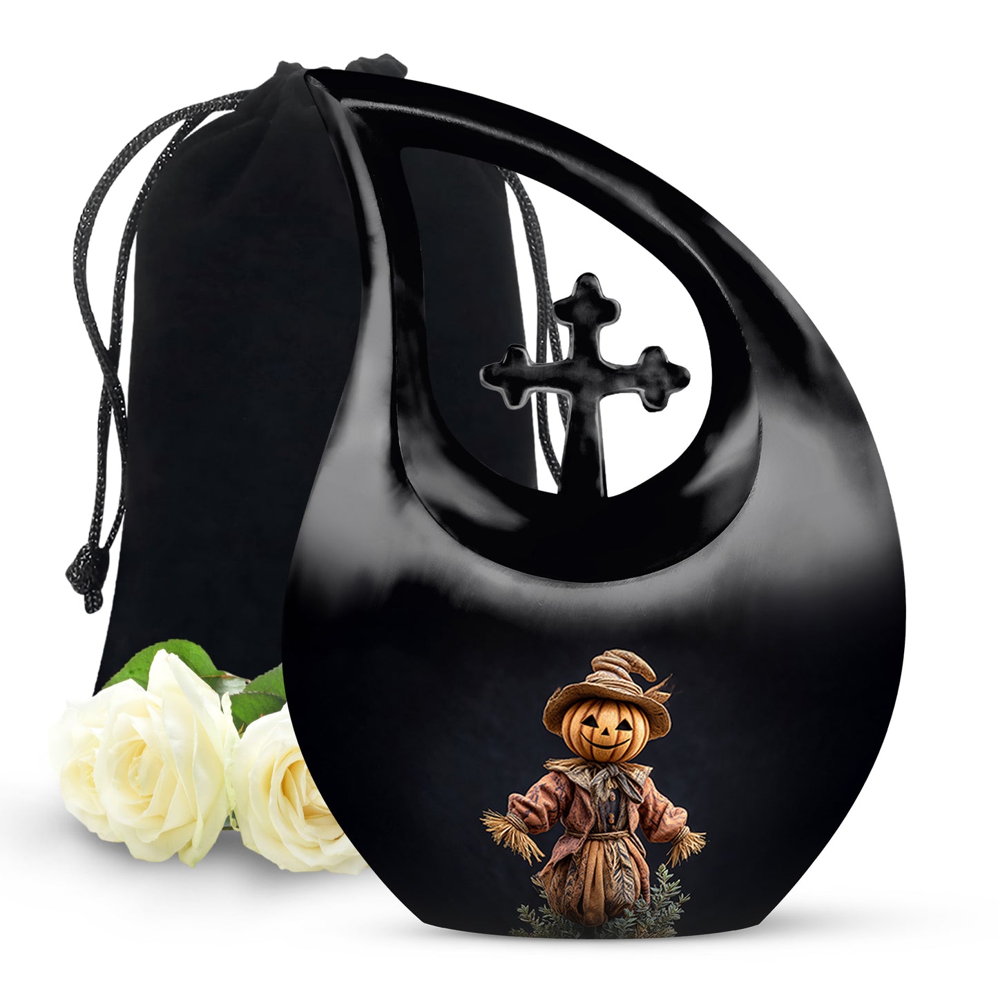 Deep Black Halloween Cremation Urn top-down view of secure threaded lid - cross and halloween combined in spiritual memorial design - full-size 10 inch 200 cubic inch adult cremation urn