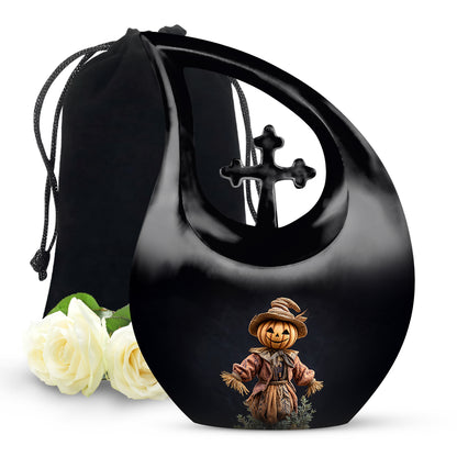 Deep Black Halloween Cremation Urn top-down view of secure threaded lid - cross and halloween combined in spiritual memorial design - full-size 10 inch 200 cubic inch adult cremation urn