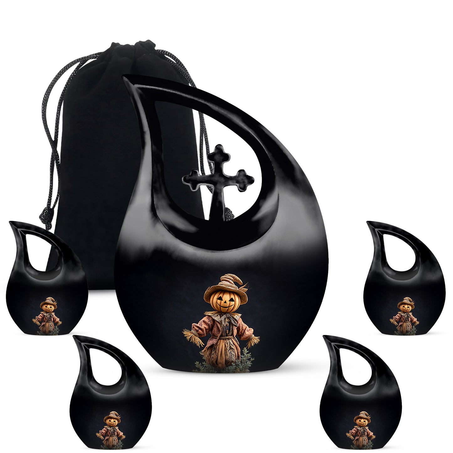 Obsidian Black Halloween Cremation Urn urn with complimentary velvet bag - devotional cross-drop halloween engraving - memorial set with one large and four small urns