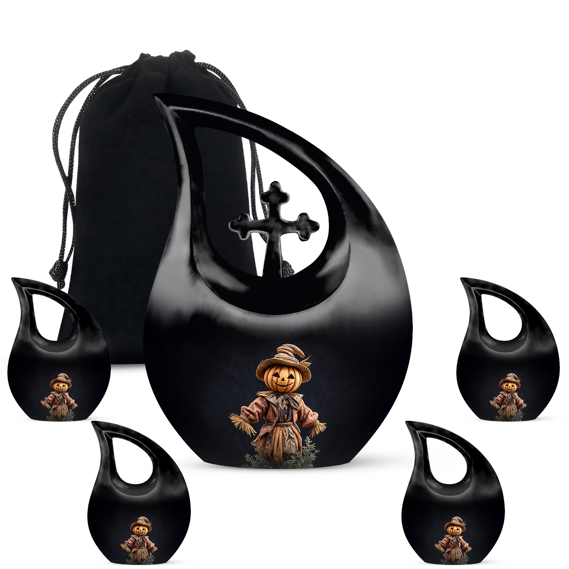 Obsidian Black Halloween Cremation Urn urn with complimentary velvet bag - devotional cross-drop halloween engraving - memorial set with one large and four small urns