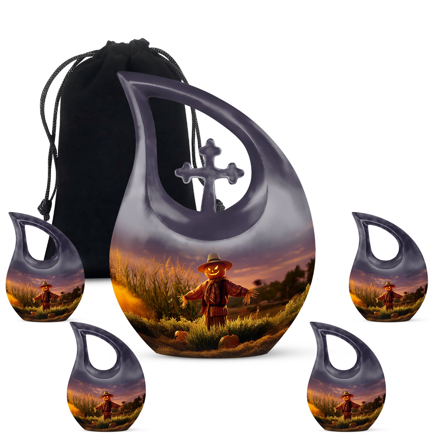 Violet Purple Halloween Cremation Urn urn with complimentary velvet bag - devotional cross-drop halloween engraving - memorial set with one large and four small urns