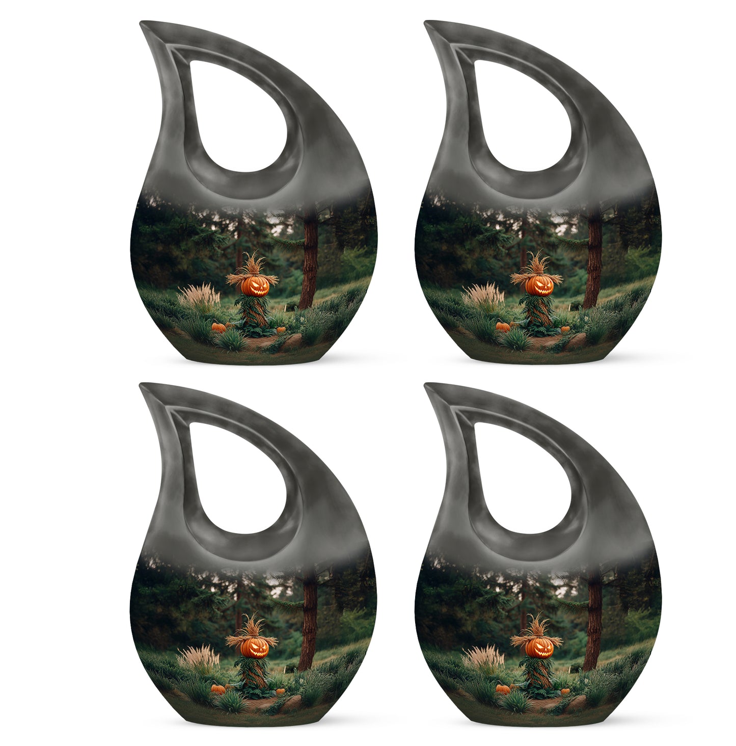 Dark Black Halloween Cremation Urn lifestyle display on memorial shelf - devotional cross-drop halloween engraving - 10 inch aluminum urn for cremated remains