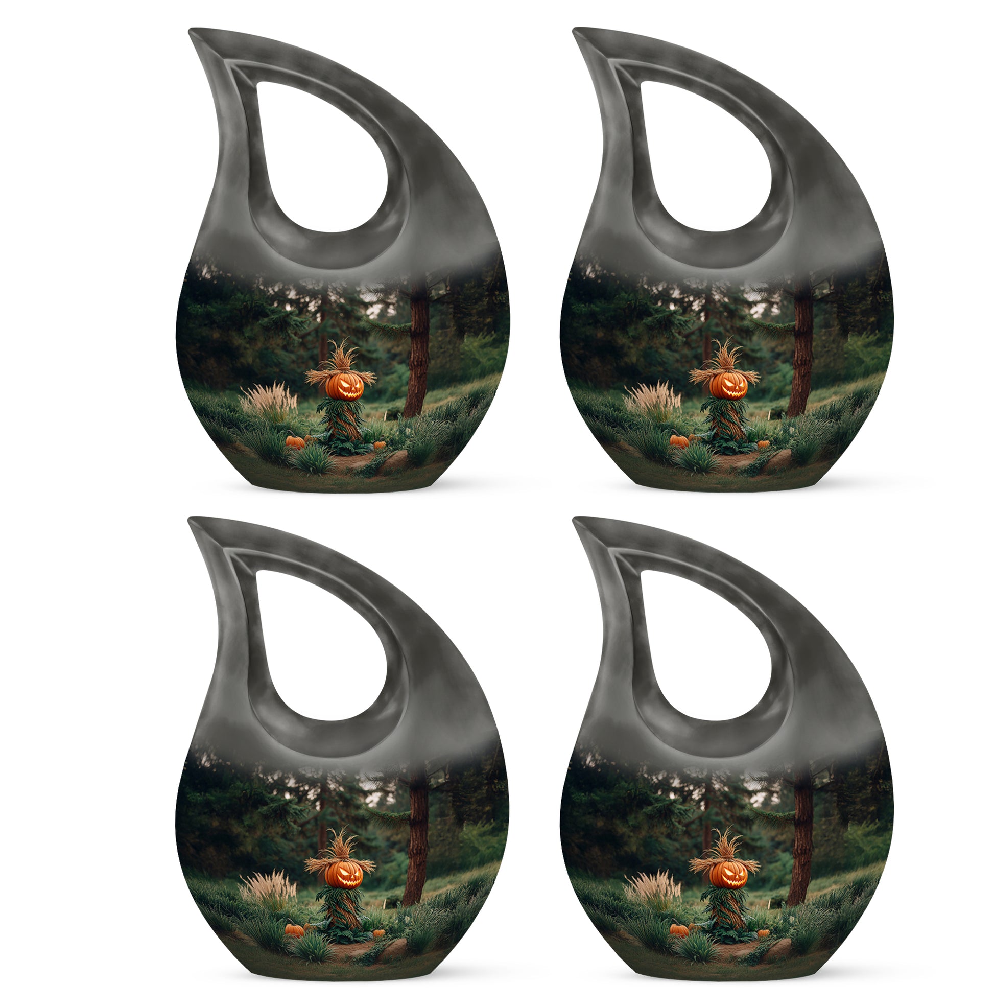 Dark Black Halloween Cremation Urn lifestyle display on memorial shelf - devotional cross-drop halloween engraving - 10 inch aluminum urn for cremated remains