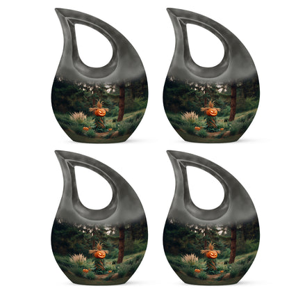 Dark Black Halloween Cremation Urn lifestyle display on memorial shelf - devotional cross-drop halloween engraving - 10 inch aluminum urn for cremated remains